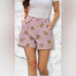 Cactus Jeans Pink White Gingham Check Sunflowers Denim Shorts Size 16 Vintage